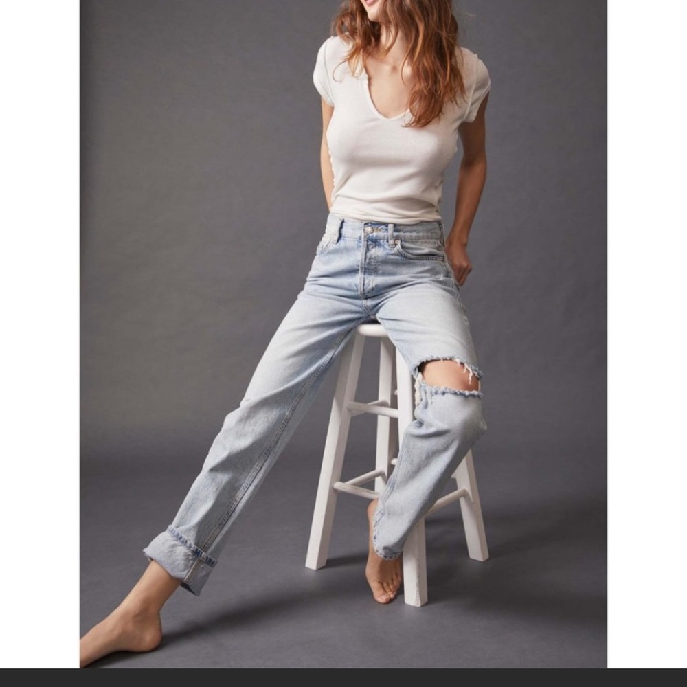 Free People The Lasso High Rise Destructed Detail Wash Straight Leg Jeans